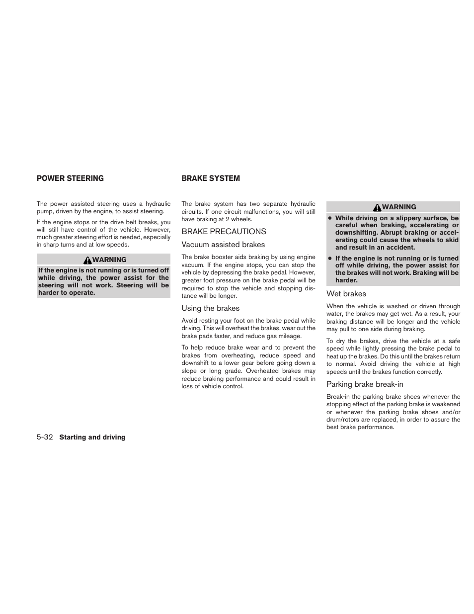 Power steering -32 brake system -32, Brake precautions -32 | NISSAN 2011 Frontier - Owner's Manual User Manual | Page 257 / 377