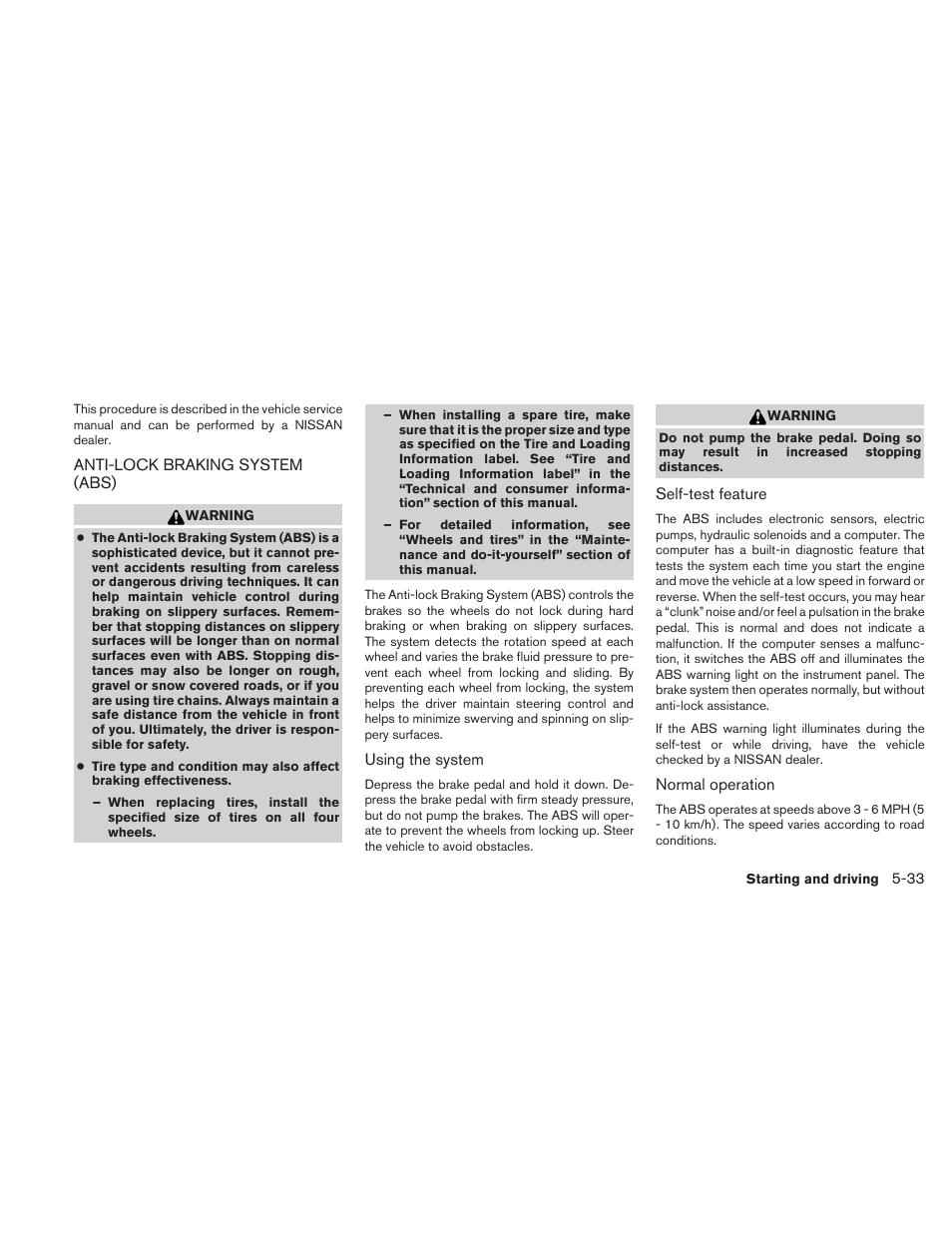 Anti-lock braking system (abs) -33 | NISSAN 2011 Frontier - Owner's Manual User Manual | Page 258 / 377