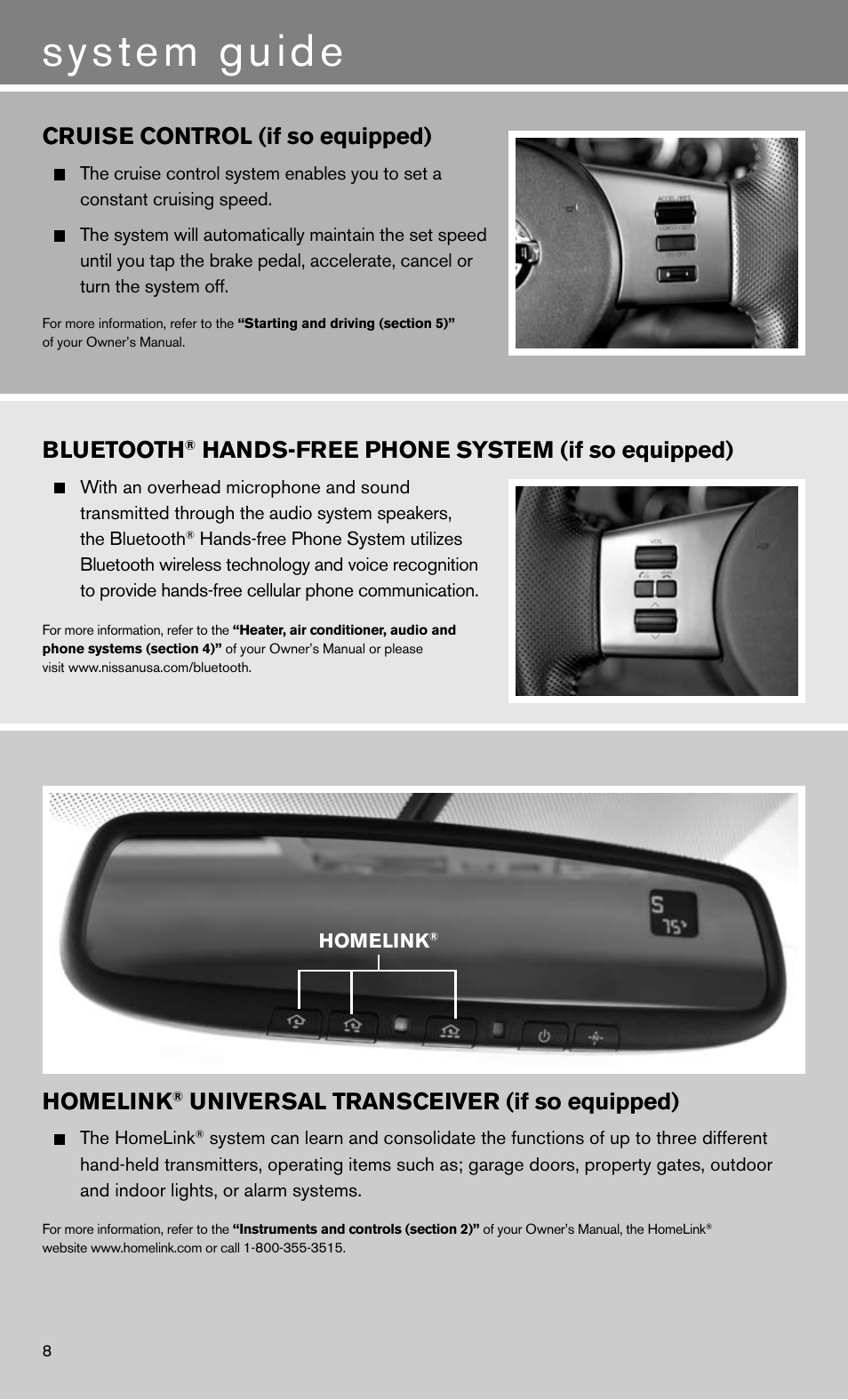 System guide, Bluetooth, Hands-free phone system (if so equipped) | Homelink, Universal transceiver (if so equipped), Cruise control (if so equipped) | NISSAN 2011 Frontier - Quick Reference Guide User Manual | Page 10 / 12