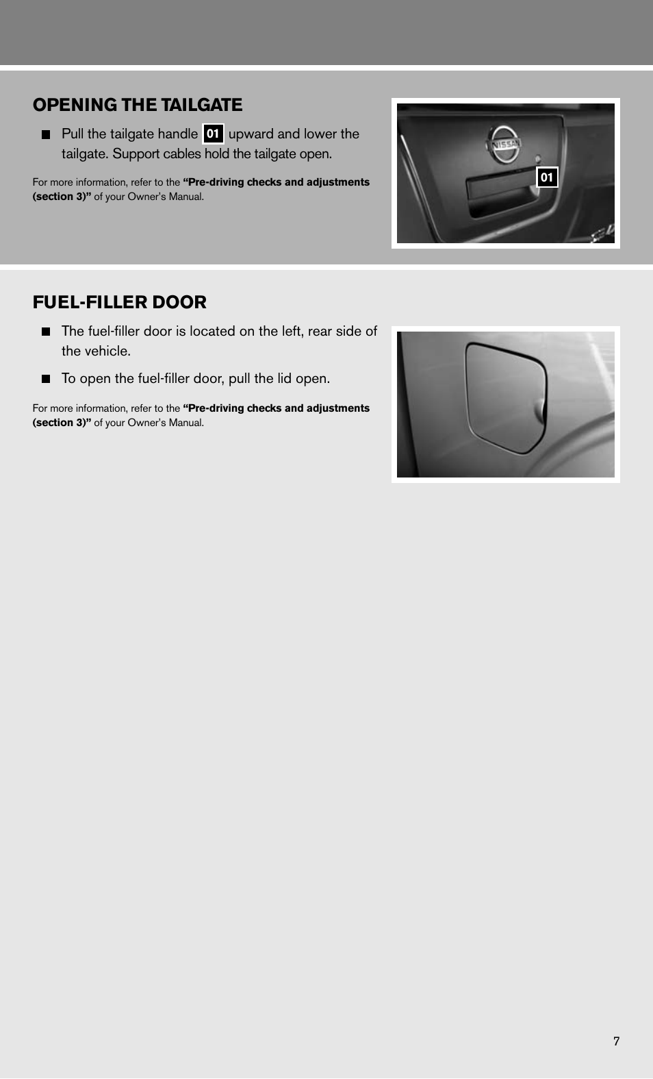 Fuel-filler door, Opening the tailgate | NISSAN 2011 Frontier - Quick Reference Guide User Manual | Page 9 / 12