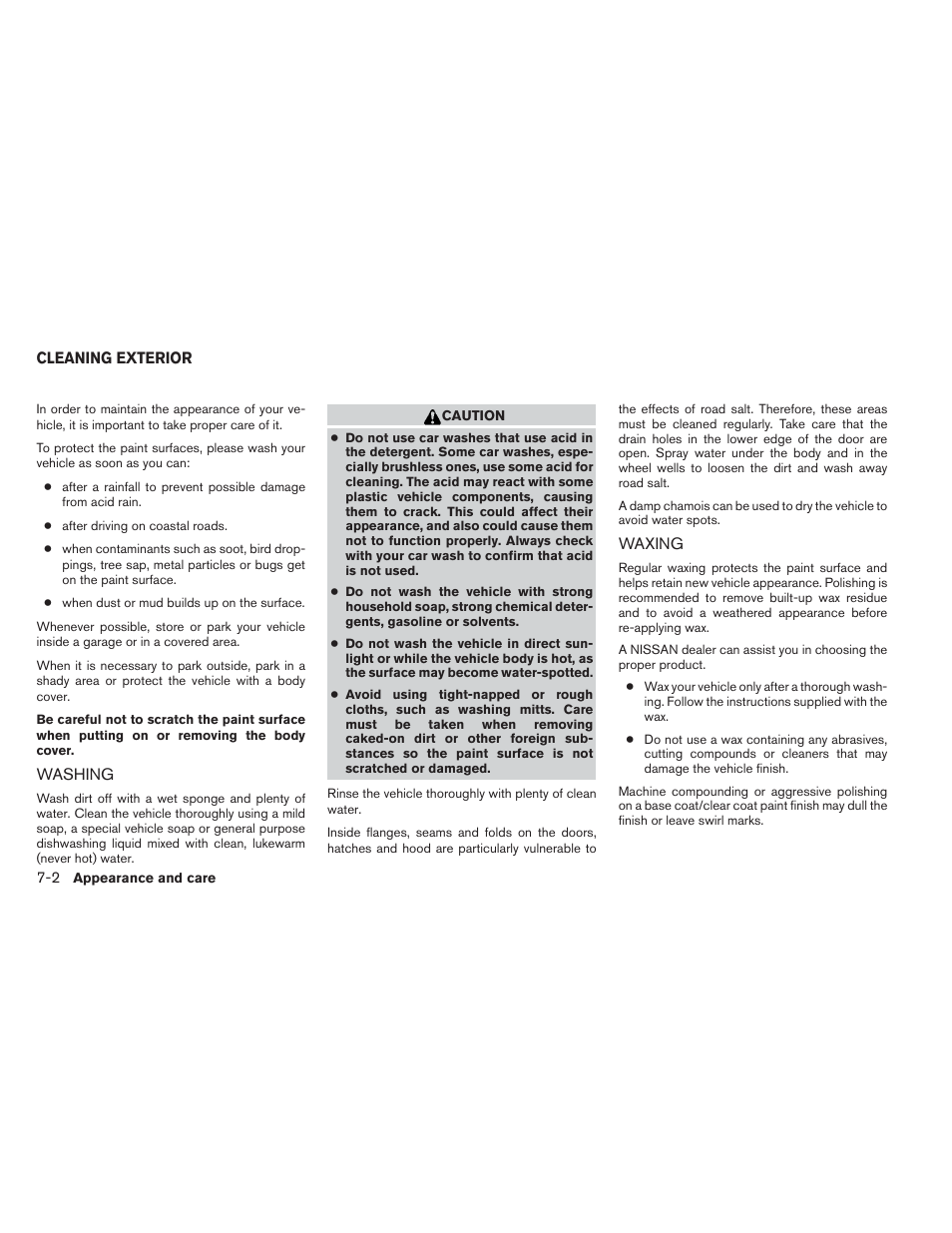 Cleaning exterior -2, Washing -2 waxing -2 | NISSAN 2012 Frontier - Owner's Manual User Manual | Page 287 / 384