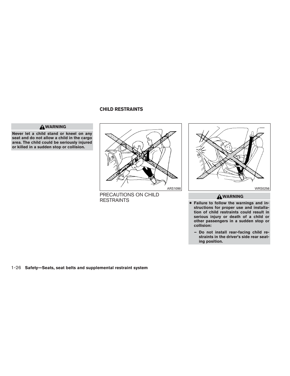 Child restraints -26, Precautions on child restraints -26 | NISSAN 2012 Frontier - Owner's Manual User Manual | Page 45 / 384