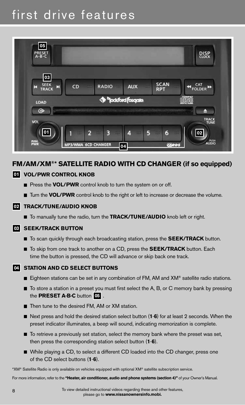 First drive features, Fm/am/xm, Satellite radio with cd changer (if so equipped) | NISSAN 2012 Frontier - Quick Reference Guide User Manual | Page 10 / 16