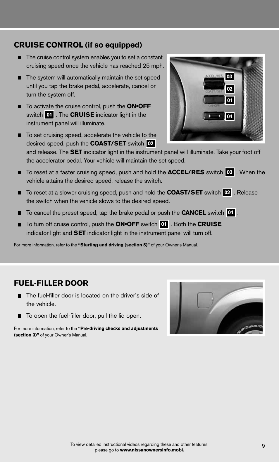 Fuel-filler door, Cruise control (if so equipped) | NISSAN 2012 Frontier - Quick Reference Guide User Manual | Page 11 / 16