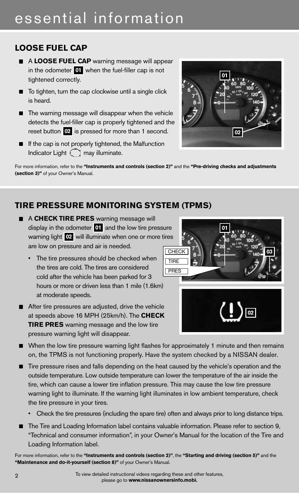 Essential information, Tire pressure monitoring system (tpms), Loose fuel cap | NISSAN 2012 Frontier - Quick Reference Guide User Manual | Page 4 / 16