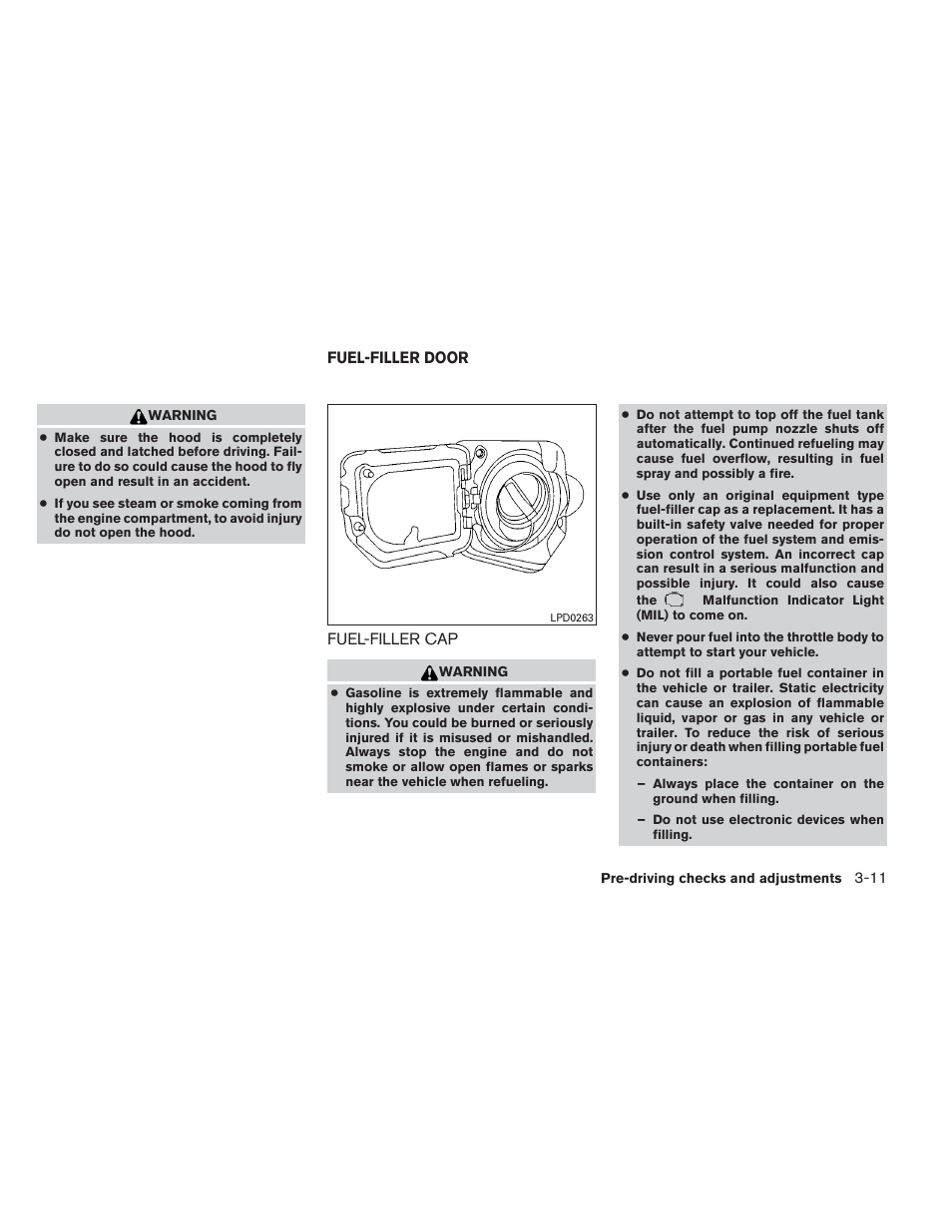 Fuel-filler door -11, Fuel-filler cap -11 | NISSAN 2013 Frontier - Owner's Manual User Manual | Page 168 / 444