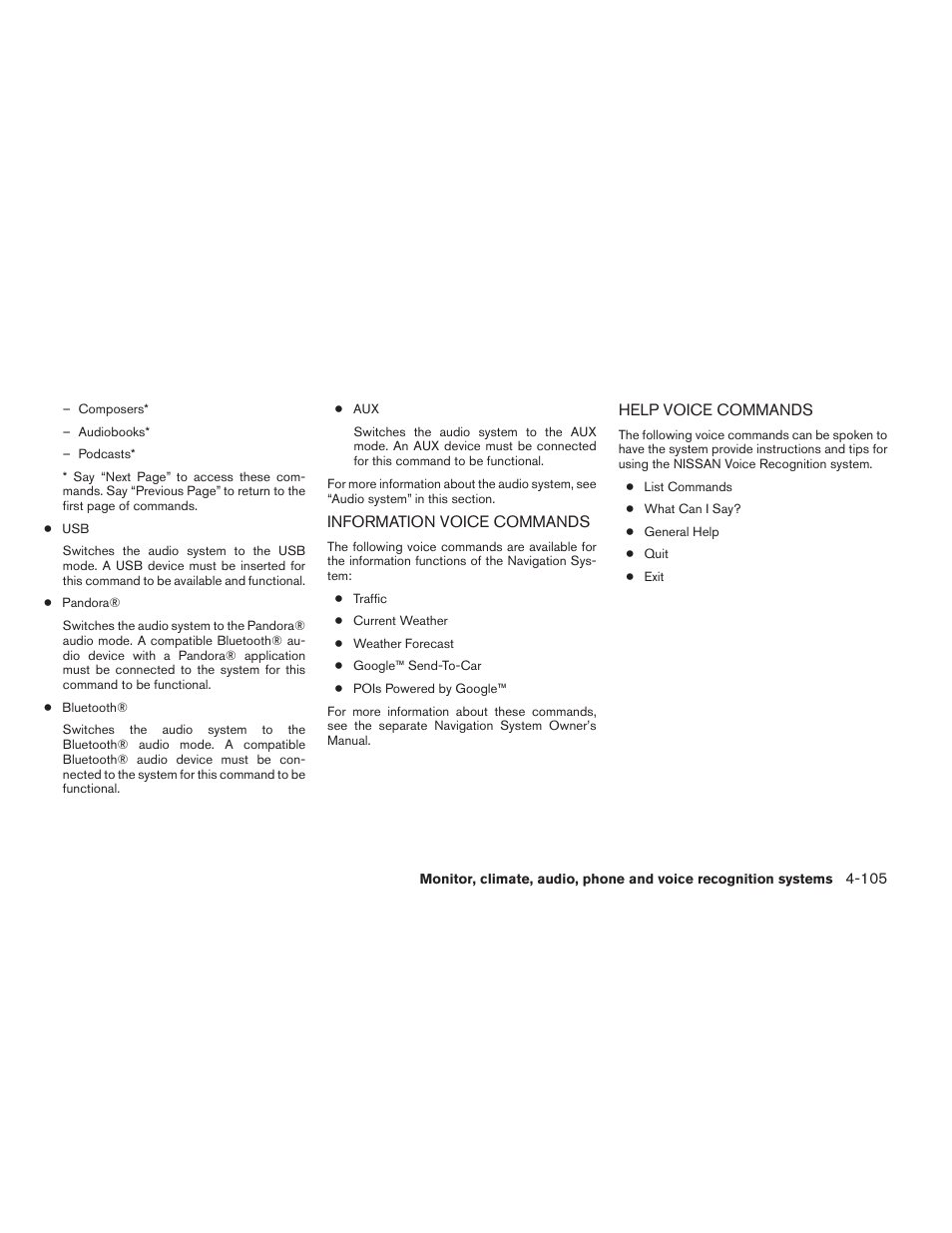 Information voice commands -105, Help voice commands -105 | NISSAN 2013 Frontier - Owner's Manual User Manual | Page 284 / 444