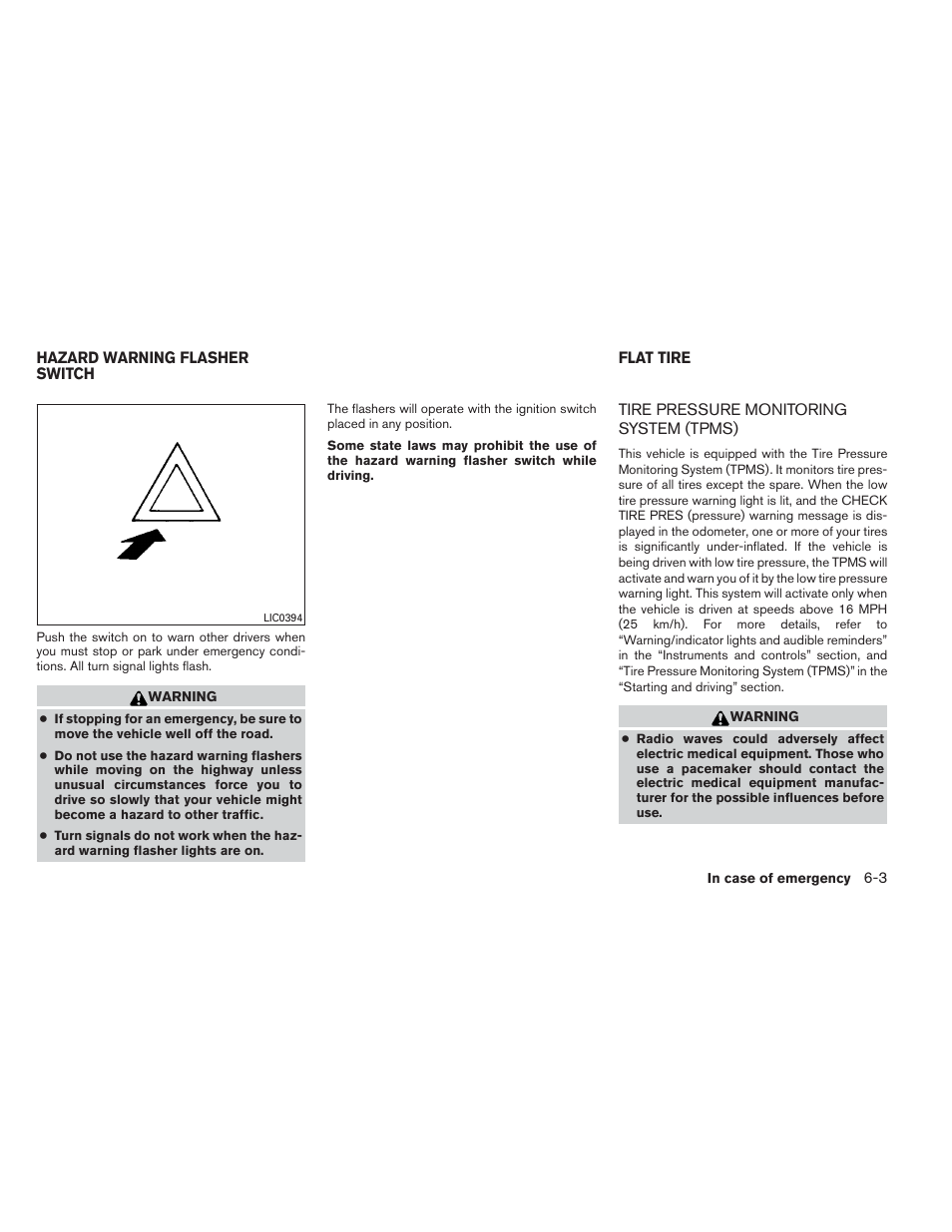 Hazard warning flasher switch -3 flat tire -3, Tire pressure monitoring system (tpms) -3 | NISSAN 2013 Frontier - Owner's Manual User Manual | Page 332 / 444