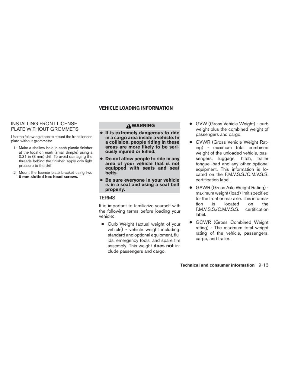 Vehicle loading information -13, Terms -13 | NISSAN 2013 Frontier - Owner's Manual User Manual | Page 408 / 444