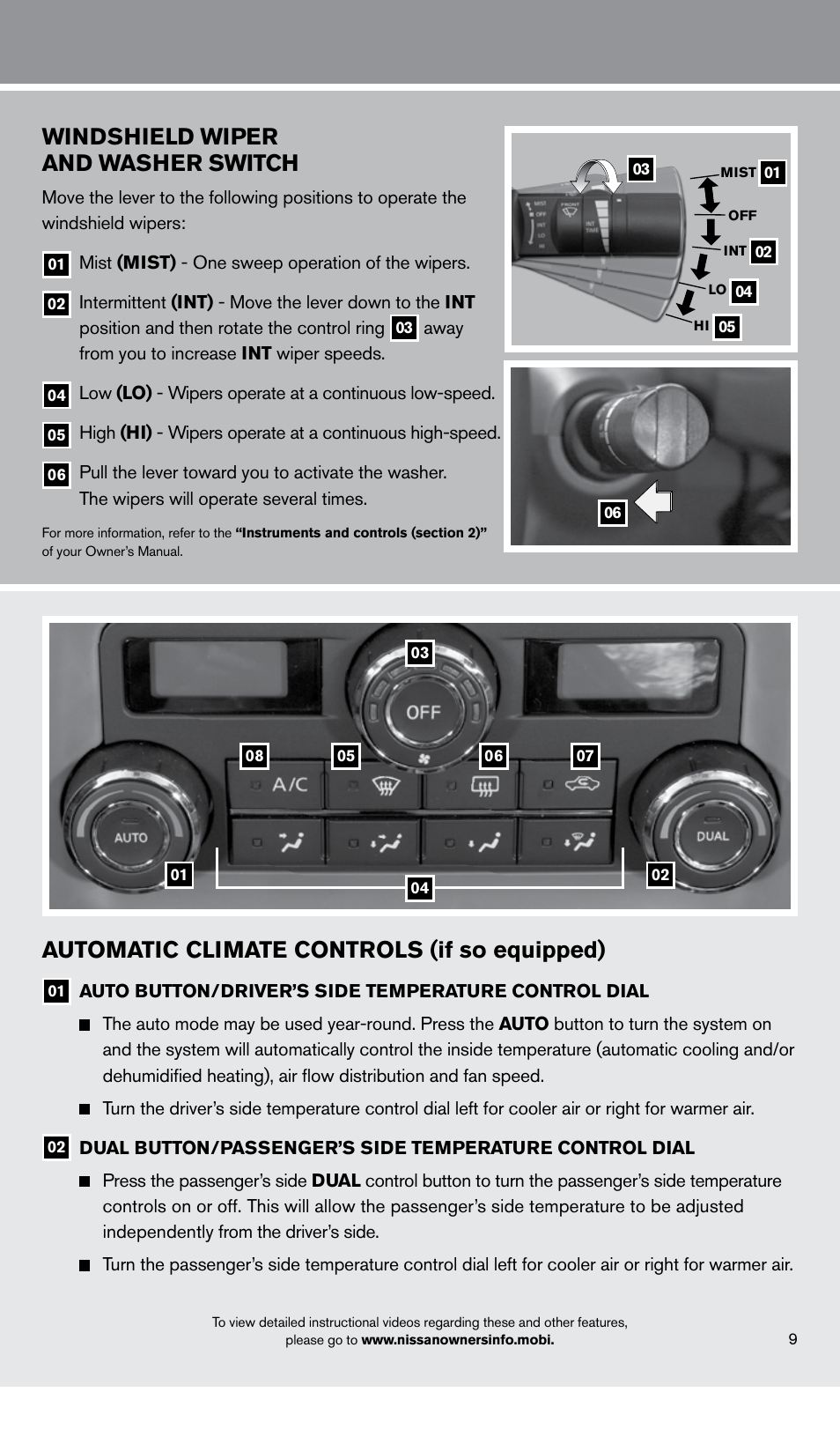 Automatic climate controls (if so equipped), Windshield wiper and washer switch | NISSAN 2013 Frontier - Quick Reference Guide User Manual | Page 11 / 20