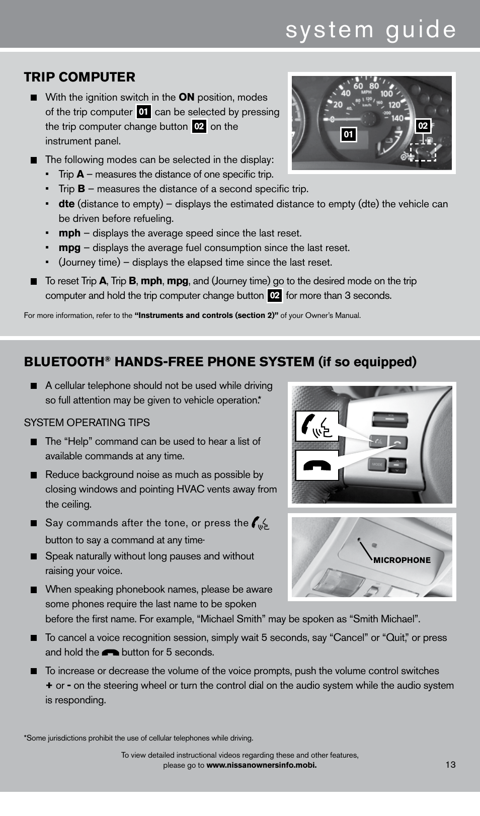 System guide, Trip computer, Bluetooth | Hands-free phone system (if so equipped) | NISSAN 2013 Frontier - Quick Reference Guide User Manual | Page 15 / 20