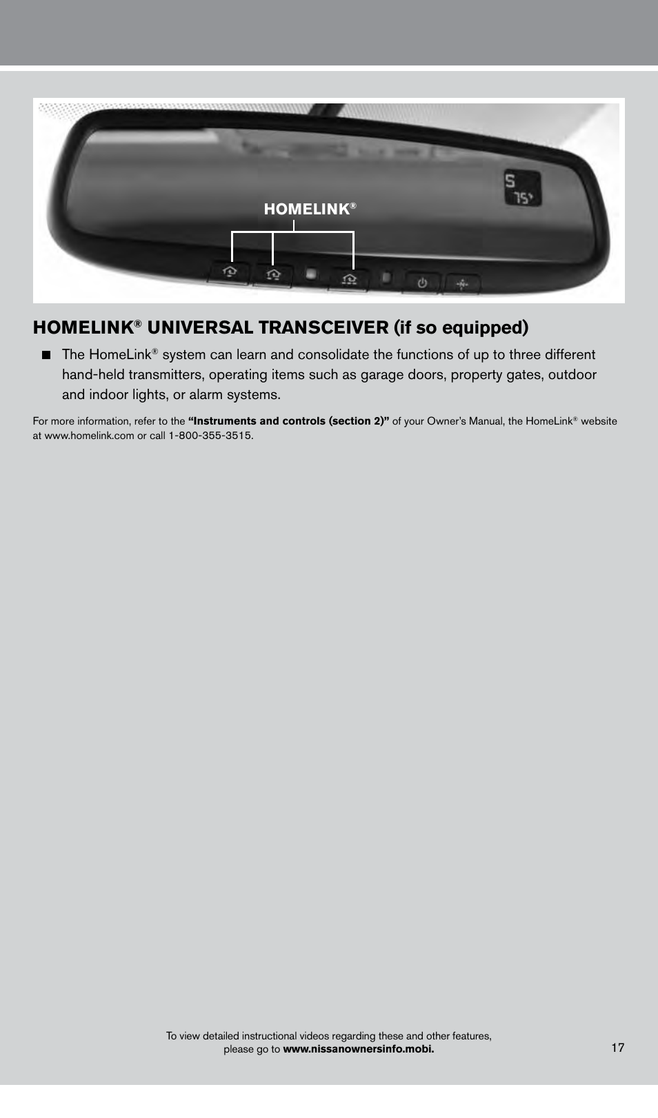 Homelink, Universal transceiver (if so equipped), The homelink | NISSAN 2013 Frontier - Quick Reference Guide User Manual | Page 19 / 20