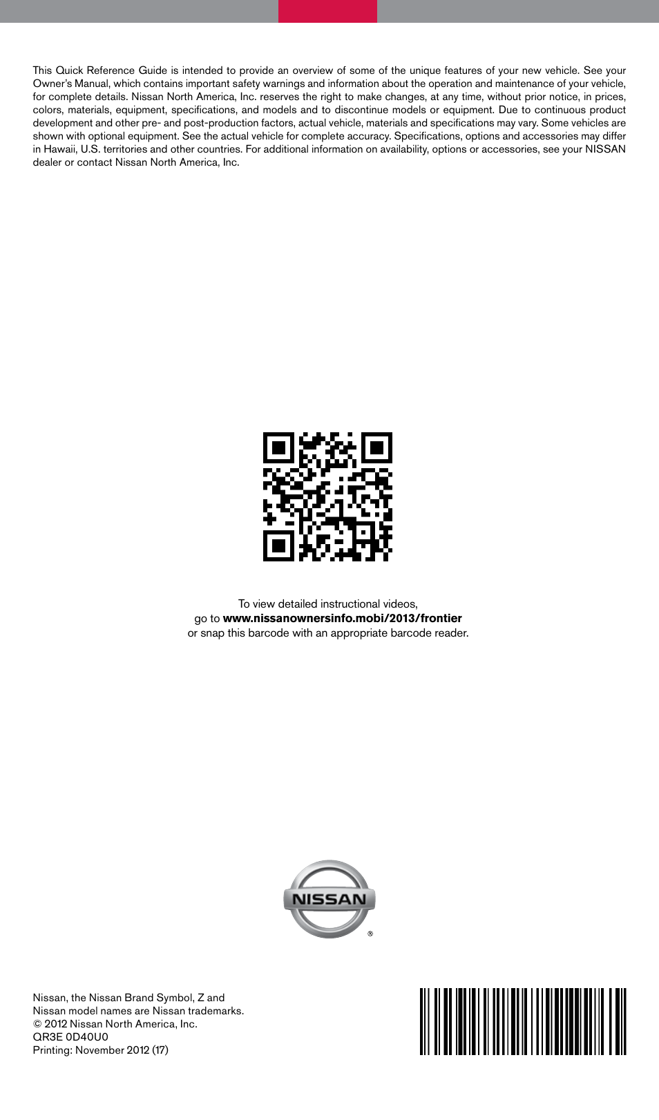 NISSAN 2013 Frontier - Quick Reference Guide User Manual | Page 20 / 20
