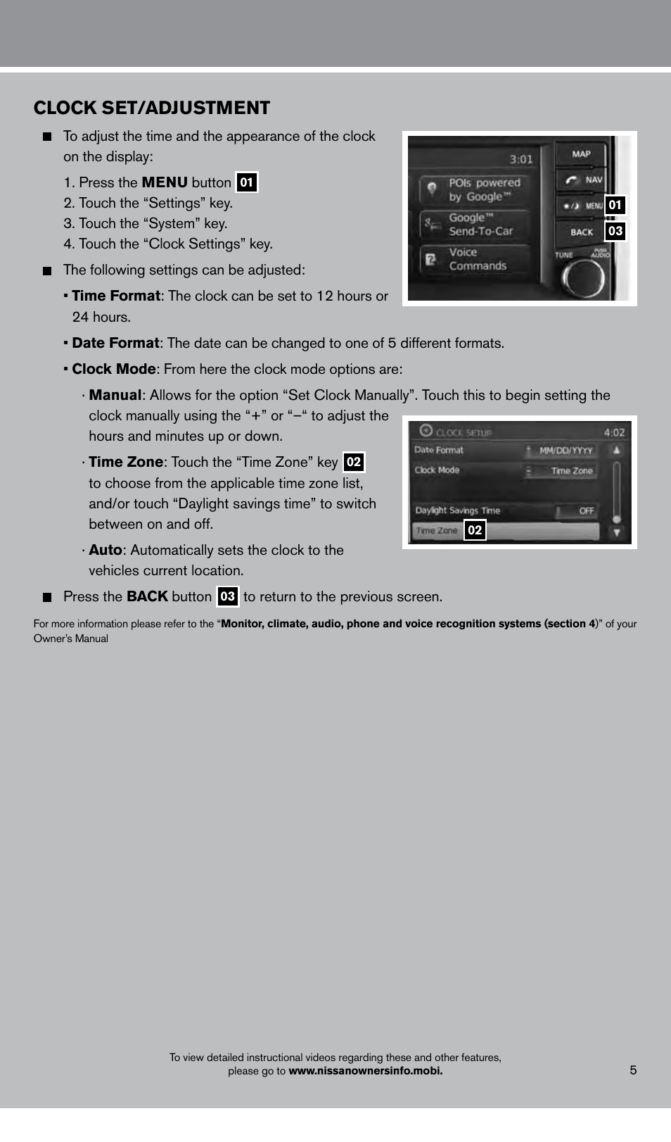 Clock set/adjustment | NISSAN 2013 Frontier - Quick Reference Guide User Manual | Page 7 / 20