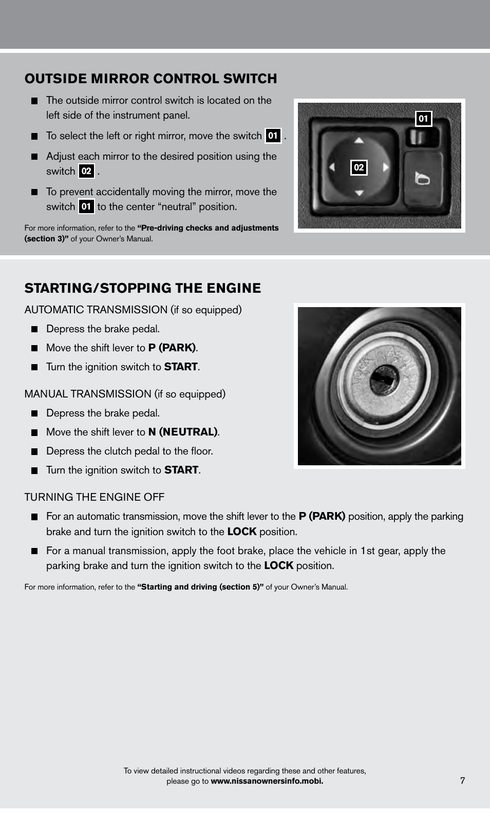 Outside mirror control switch, Starting/stopping the engine | NISSAN 2013 Frontier - Quick Reference Guide User Manual | Page 9 / 20