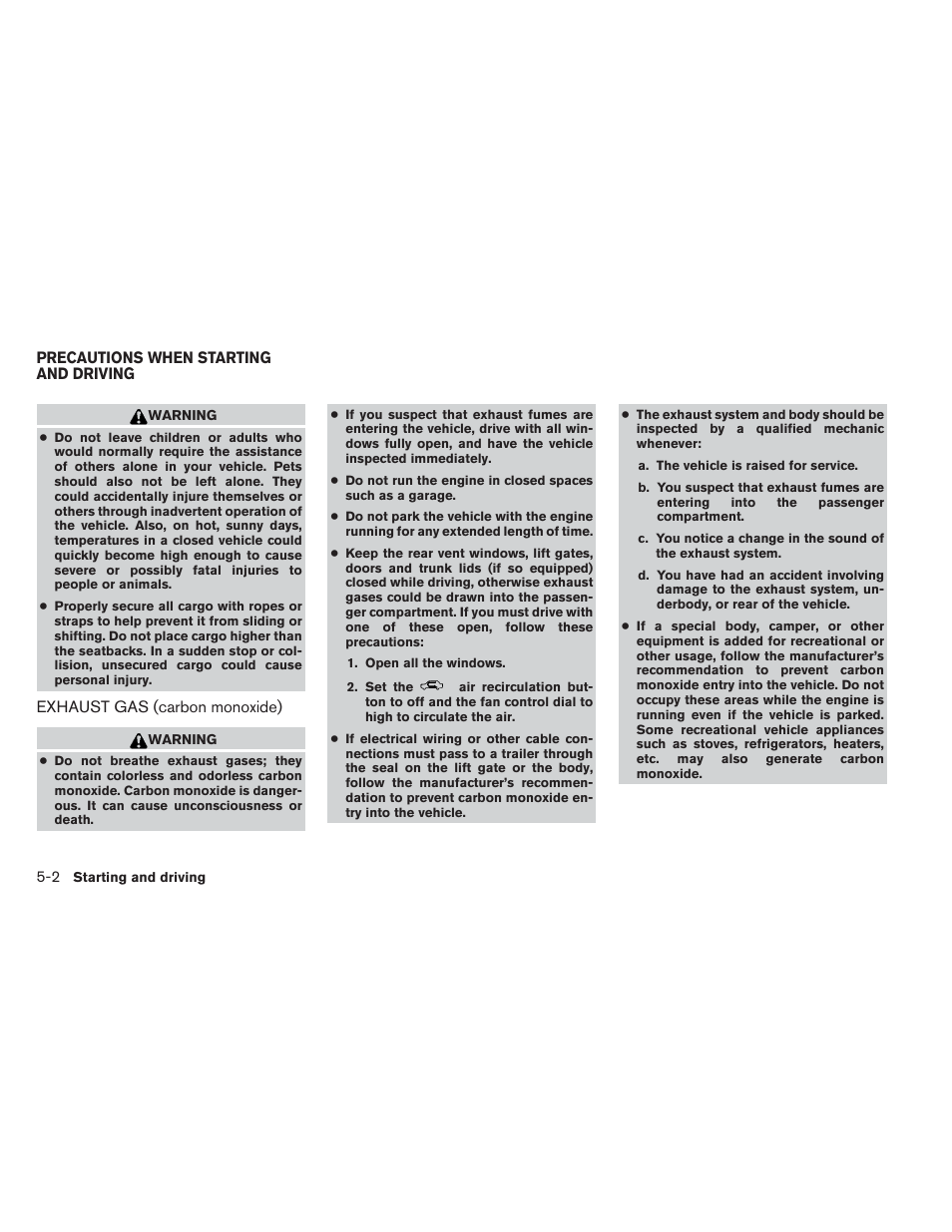 Precautions when starting and driving -2, Exhaust gas (carbon monoxide) -2 | NISSAN 2014 Frontier - Owner's Manual User Manual | Page 277 / 434