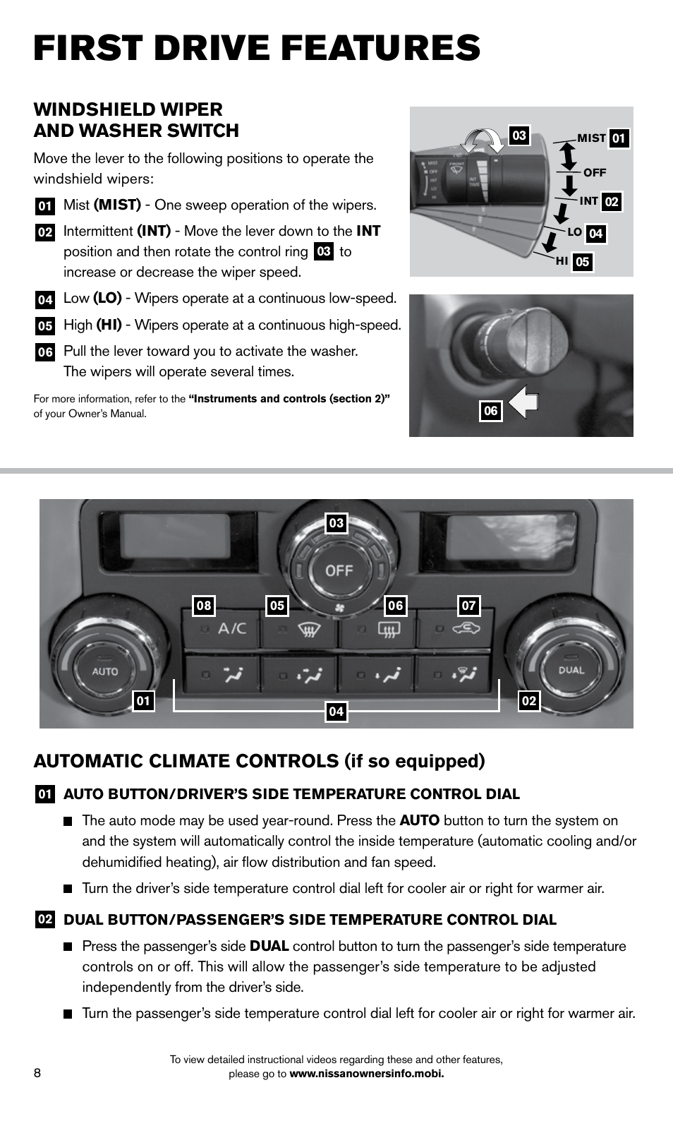 First drive features, Automatic climate controls (if so equipped), Windshield wiper and washer switch | NISSAN 2014 Frontier - Quick Reference Guide User Manual | Page 10 / 20