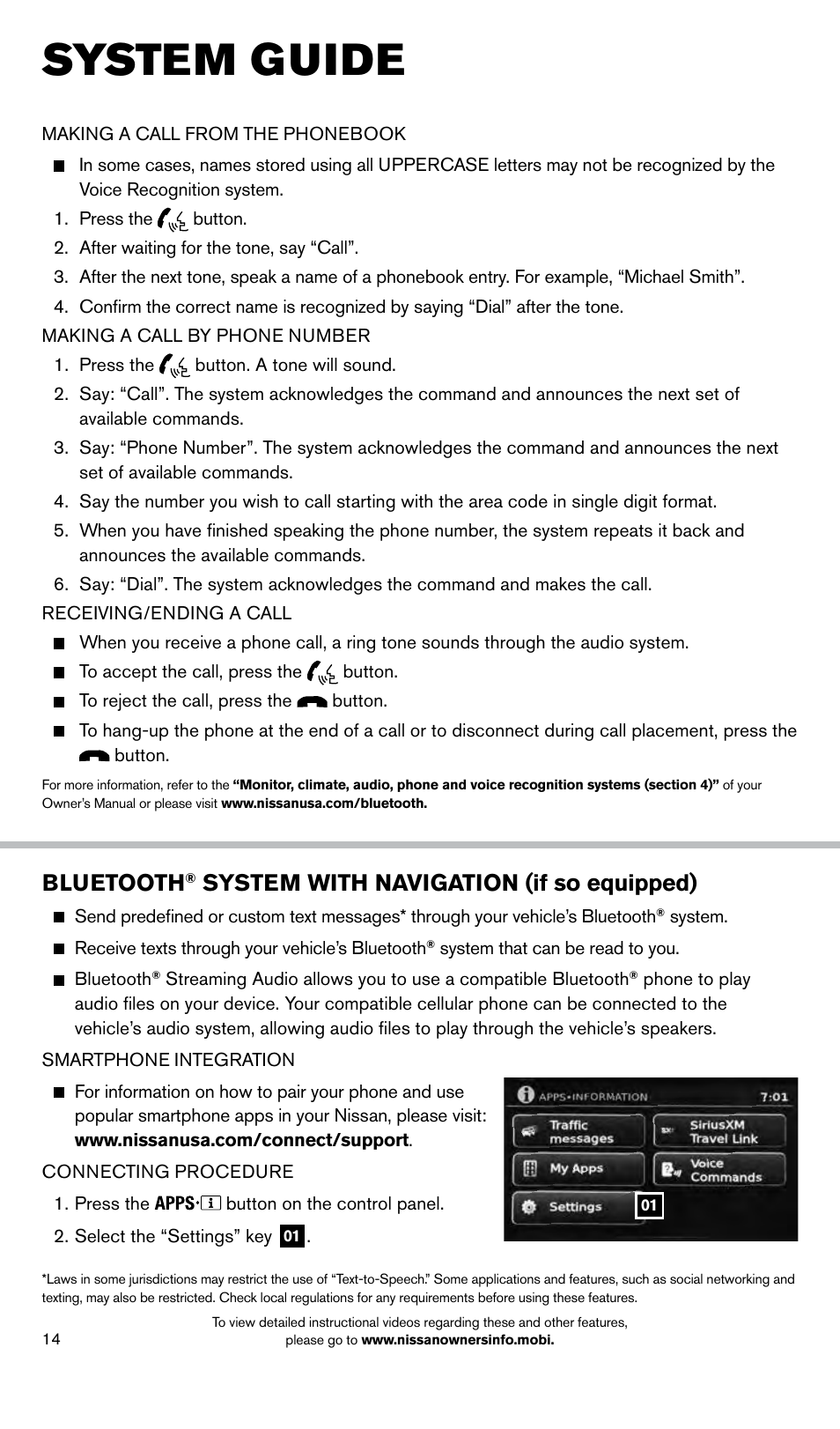 System guide, Bluetooth, System with navigation (if so equipped) | NISSAN 2014 Frontier - Quick Reference Guide User Manual | Page 16 / 20