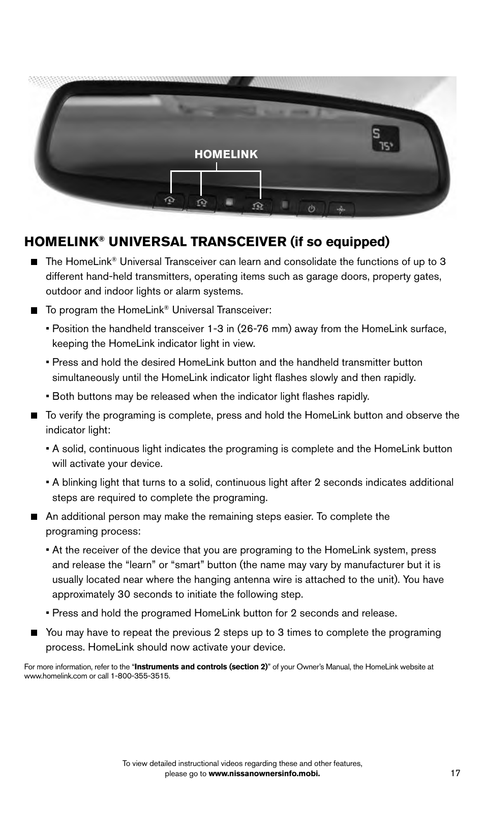 Homelink, Universal transceiver (if so equipped) | NISSAN 2014 Frontier - Quick Reference Guide User Manual | Page 19 / 20