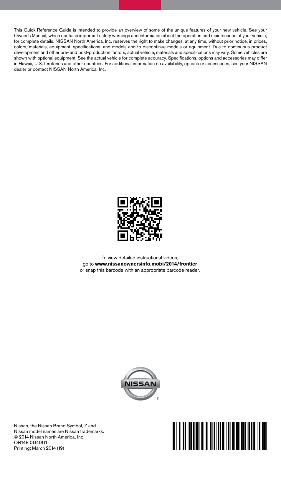 NISSAN 2014 Frontier - Quick Reference Guide User Manual | Page 20 / 20