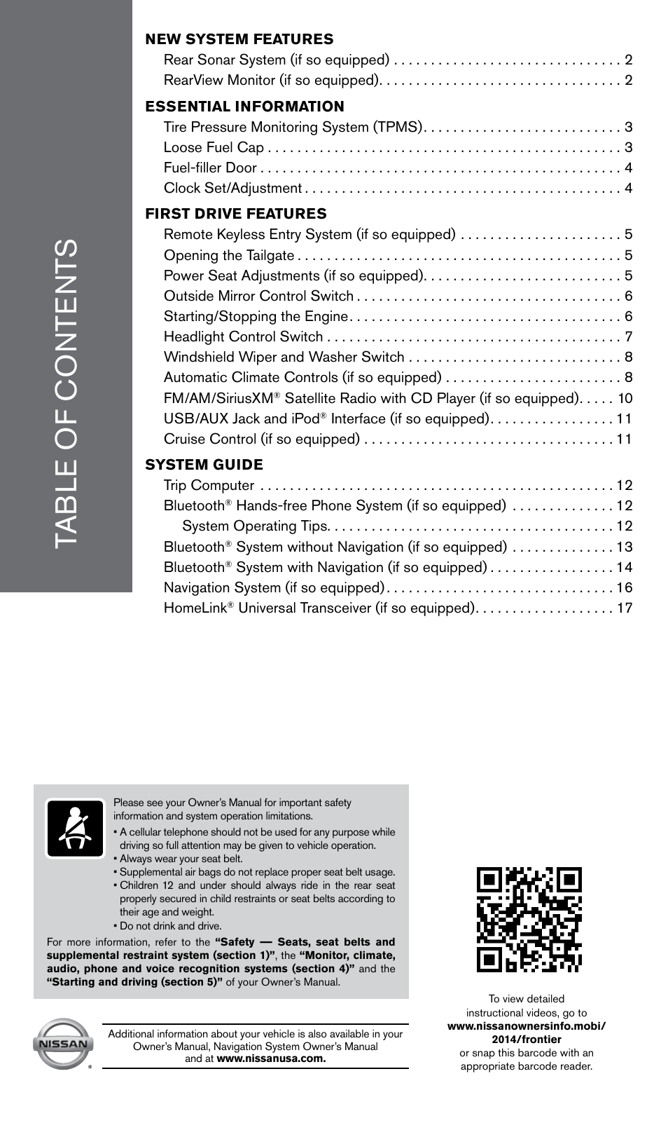 NISSAN 2014 Frontier - Quick Reference Guide User Manual | Page 3 / 20