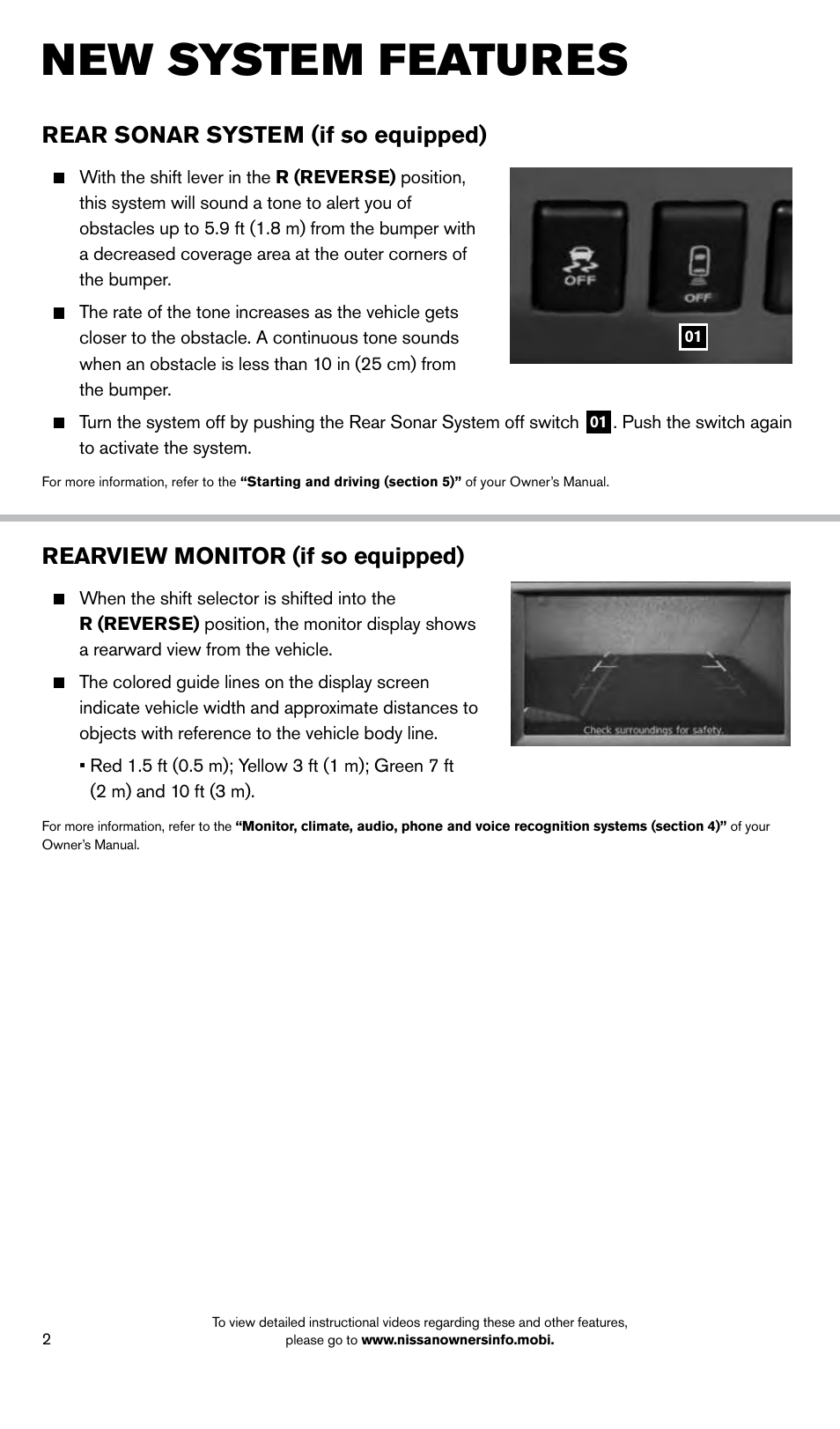 New system features, Rear sonar system (if so equipped), Rearview monitor (if so equipped) | NISSAN 2014 Frontier - Quick Reference Guide User Manual | Page 4 / 20