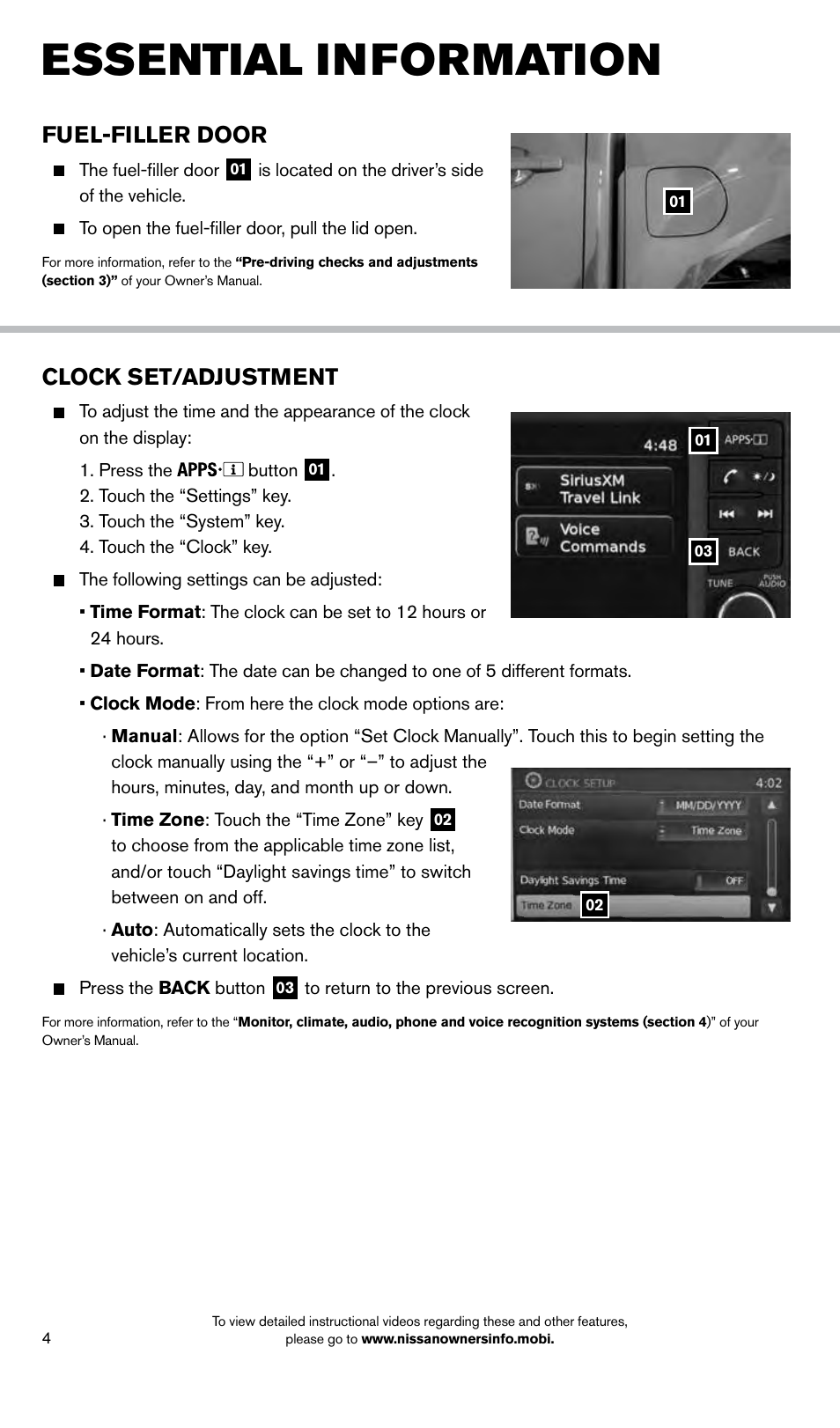 Essential information, Clock set/adjustment, Fuel-filler door | NISSAN 2014 Frontier - Quick Reference Guide User Manual | Page 6 / 20