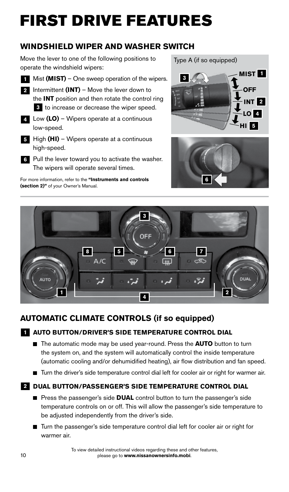 First drive features, Windshield wiper and washer switch, Automatic climate controls (if so equipped) | NISSAN 2015 Frontier - Quick Reference Guide User Manual | Page 12 / 24