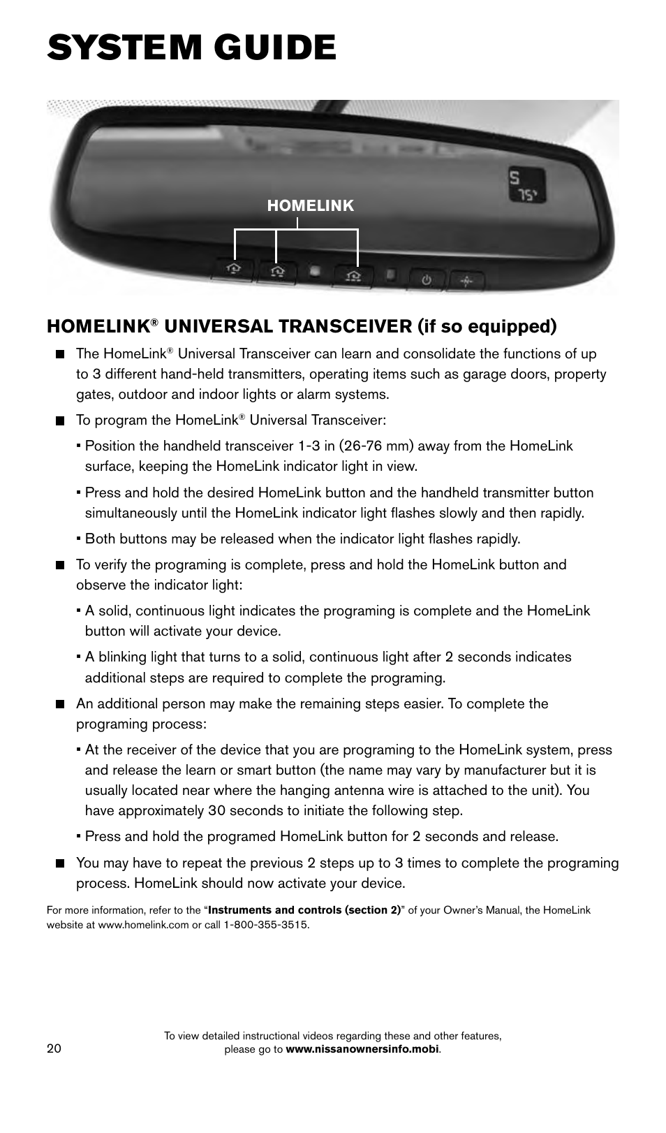 System guide, Homelink, Universal transceiver (if so equipped) | NISSAN 2015 Frontier - Quick Reference Guide User Manual | Page 22 / 24