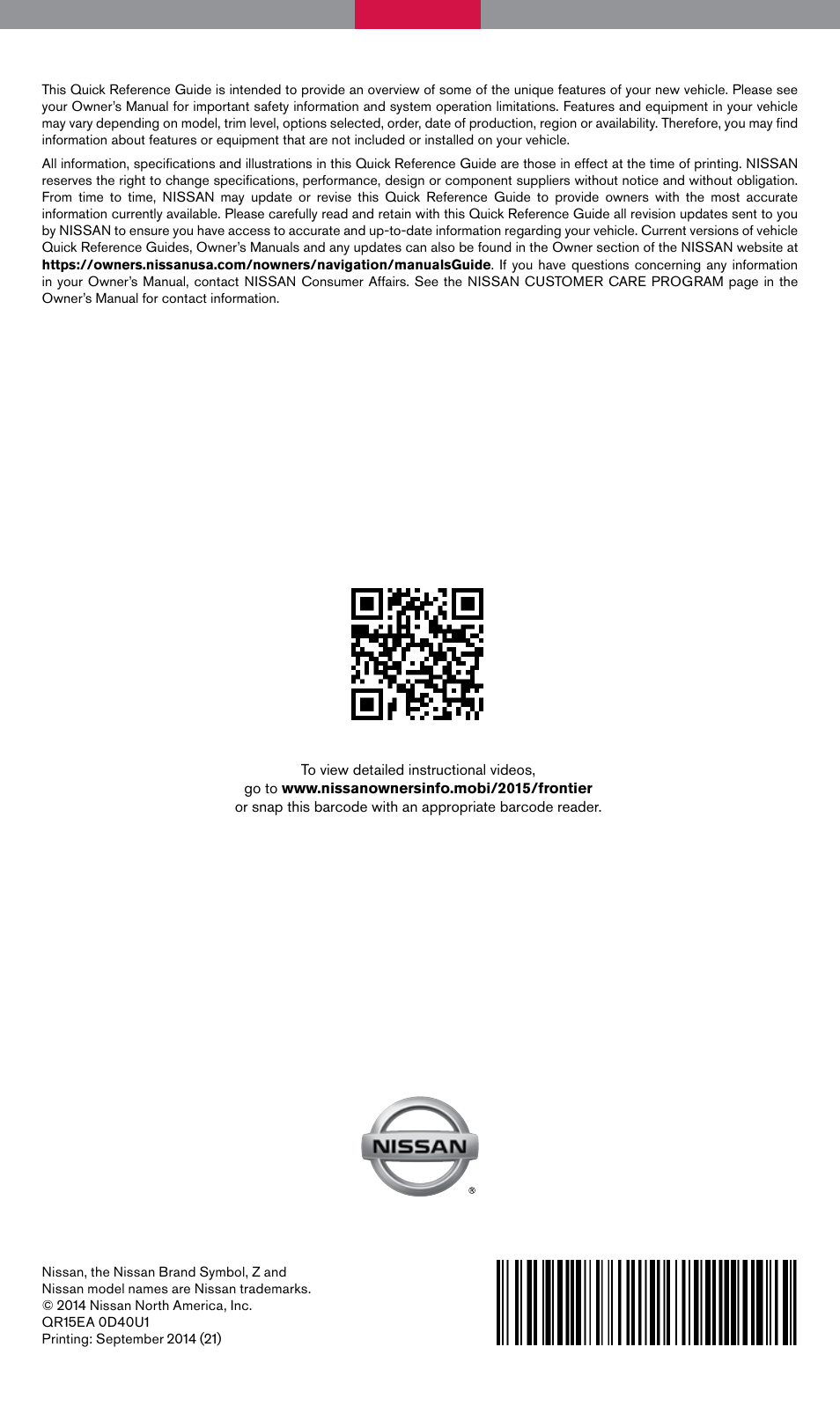 NISSAN 2015 Frontier - Quick Reference Guide User Manual | Page 24 / 24