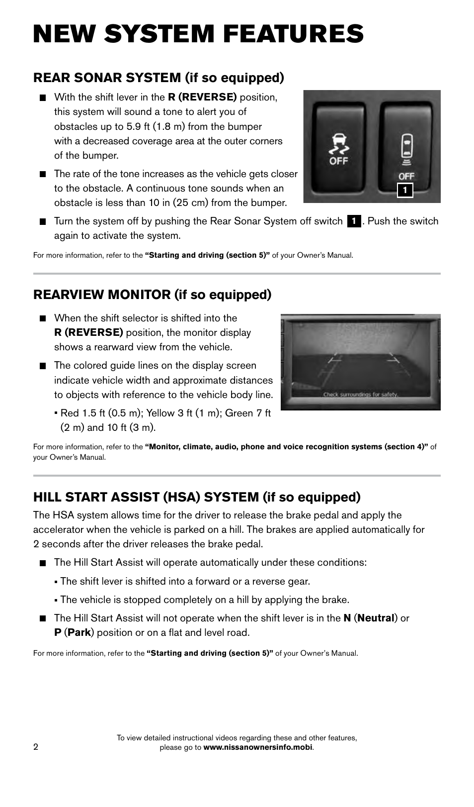 New system features, Rearview monitor (if so equipped), Rear sonar system (if so equipped) | Hill start assist (hsa) system (if so equipped) | NISSAN 2015 Frontier - Quick Reference Guide User Manual | Page 4 / 24