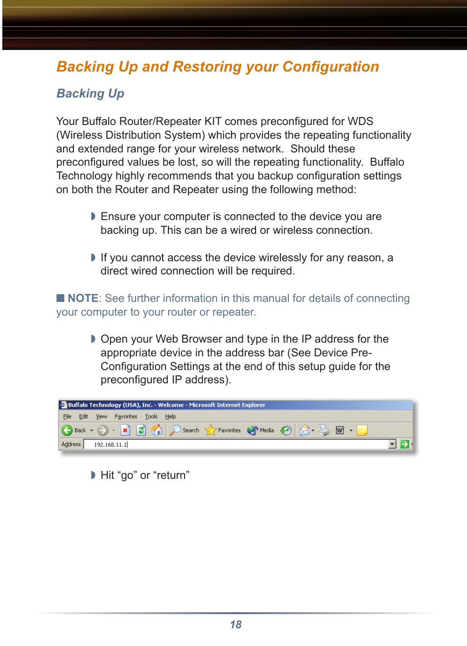 Backing up and restoring your conﬁ guration | Buffalo Technology Buffalo AirStation WRB-G54K User Manual | Page 18 / 24