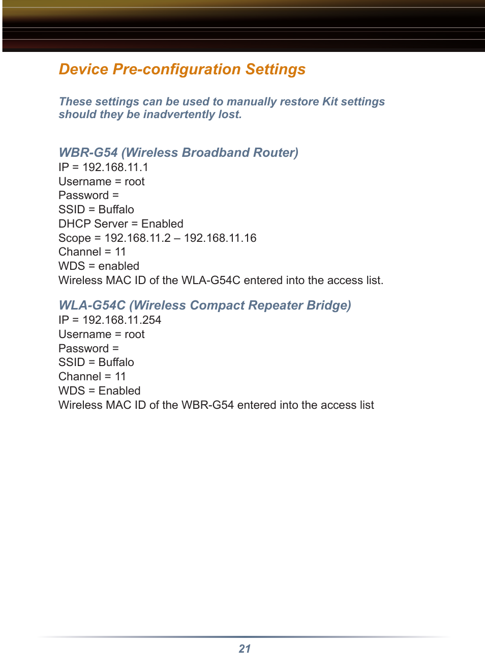 Device pre-conﬁguration settings | Buffalo Technology Buffalo AirStation WRB-G54K User Manual | Page 21 / 24