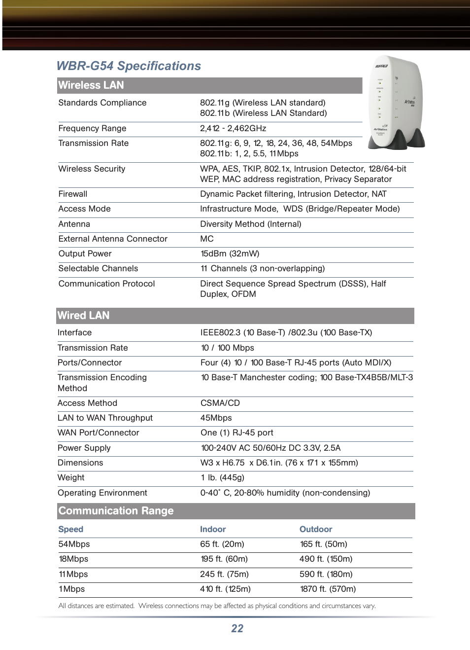 Wbr-g54 speciﬁcations, 22 wireless lan, Wired lan | Communication range | Buffalo Technology Buffalo AirStation WRB-G54K User Manual | Page 22 / 24