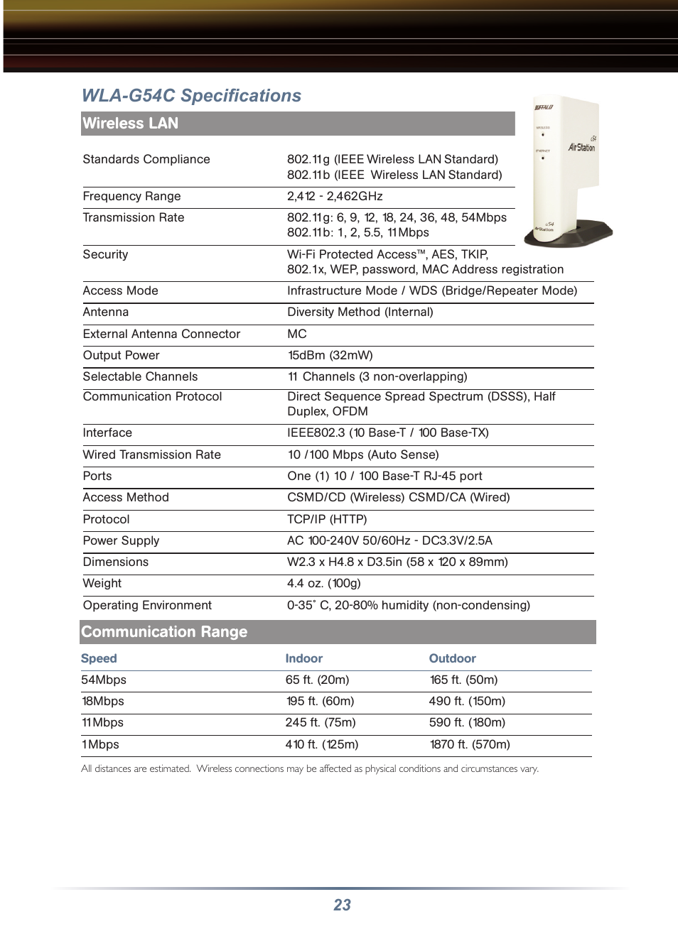 Wla-g54c speciﬁcations, Wireless lan, Communication range | Buffalo Technology Buffalo AirStation WRB-G54K User Manual | Page 23 / 24
