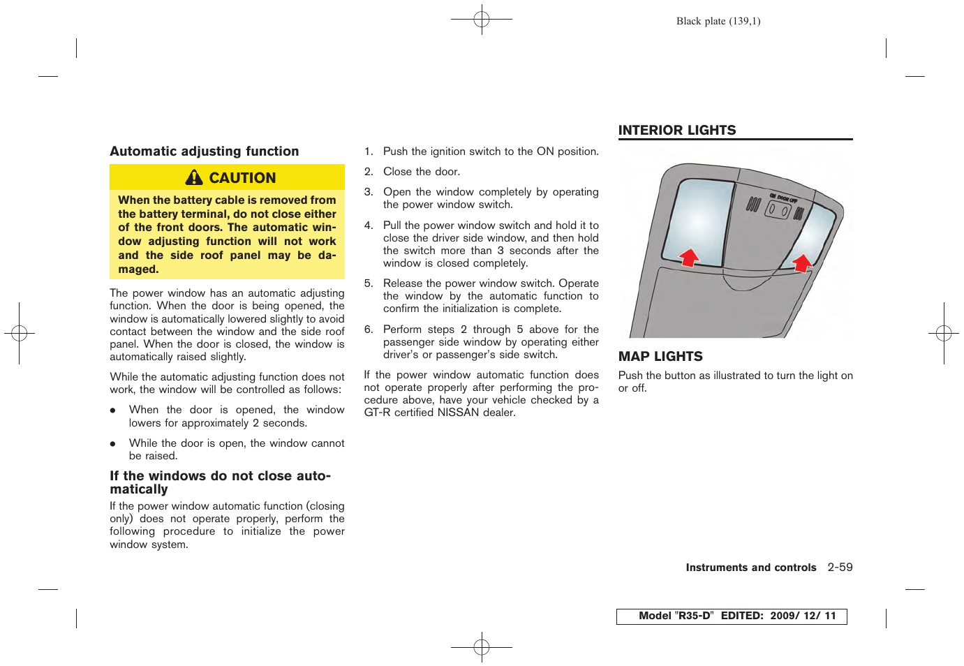Interior lights -59, Map lights -59 | NISSAN 2011 GT R - Owner's Manual User Manual | Page 145 / 321