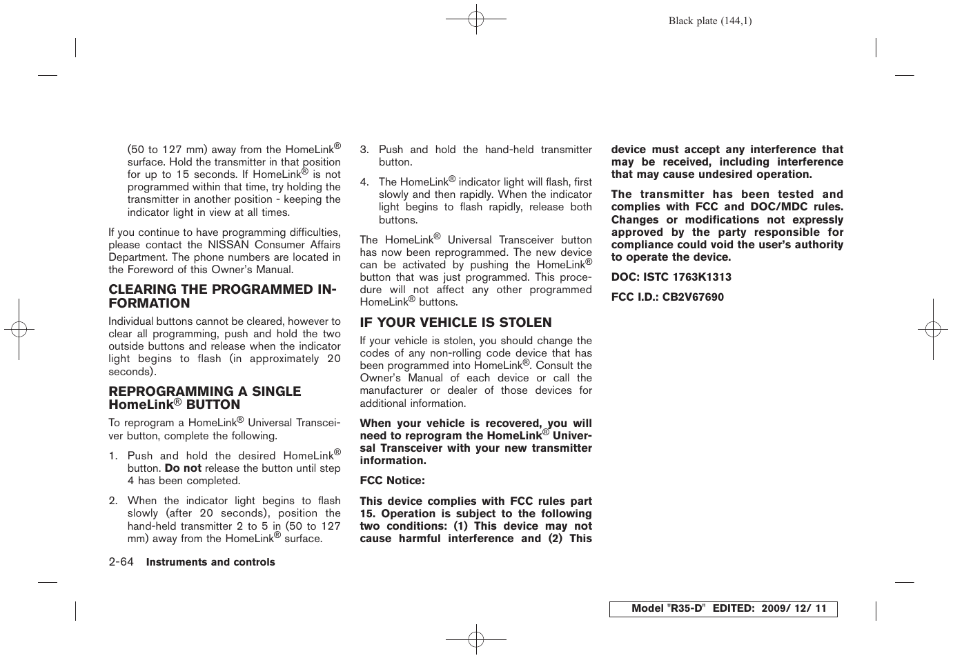 Button -64, If your vehicle is stolen -64 | NISSAN 2011 GT R - Owner's Manual User Manual | Page 150 / 321