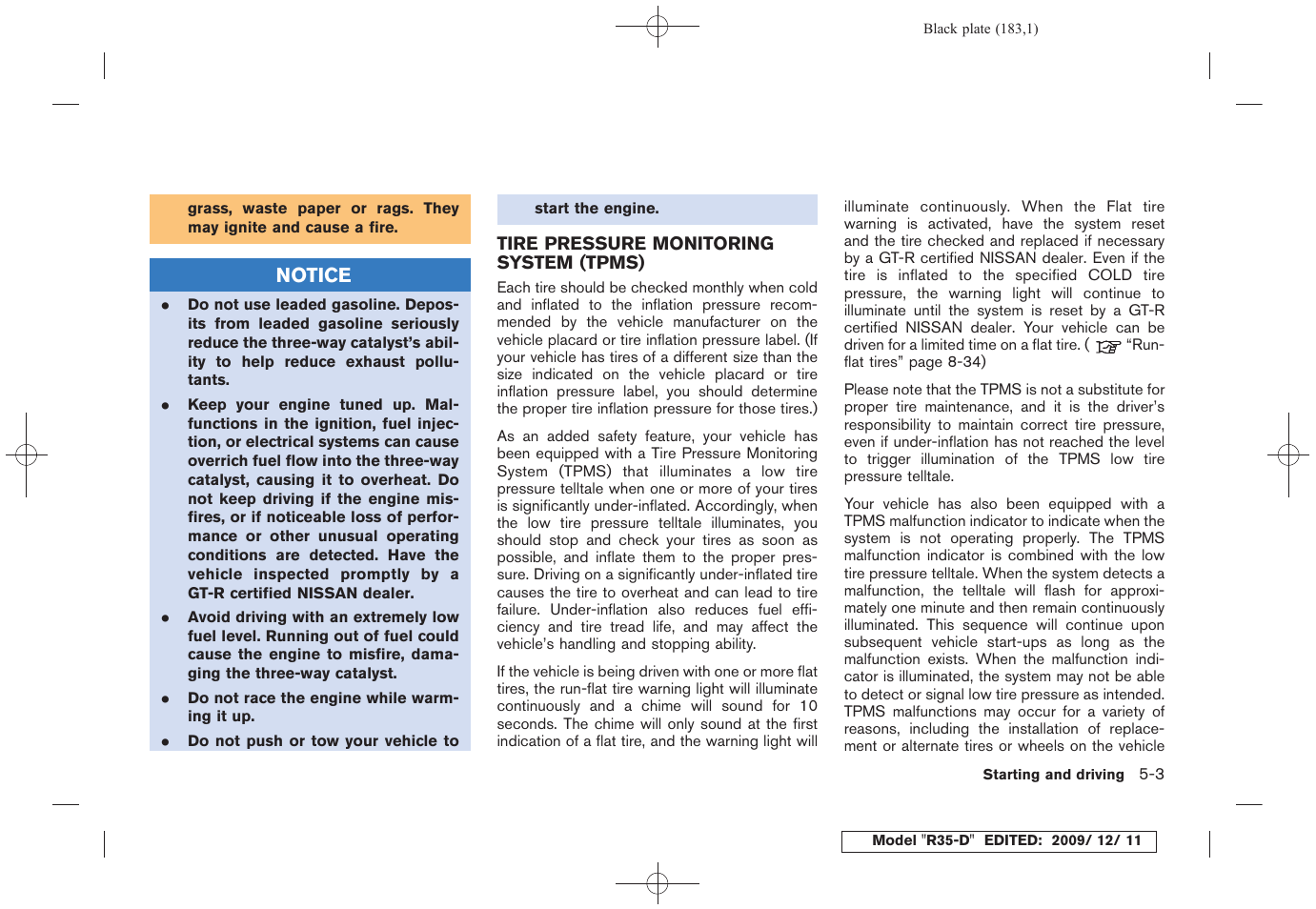 Tire pressure monitoring system (tpms) -3 | NISSAN 2011 GT R - Owner's Manual User Manual | Page 185 / 321
