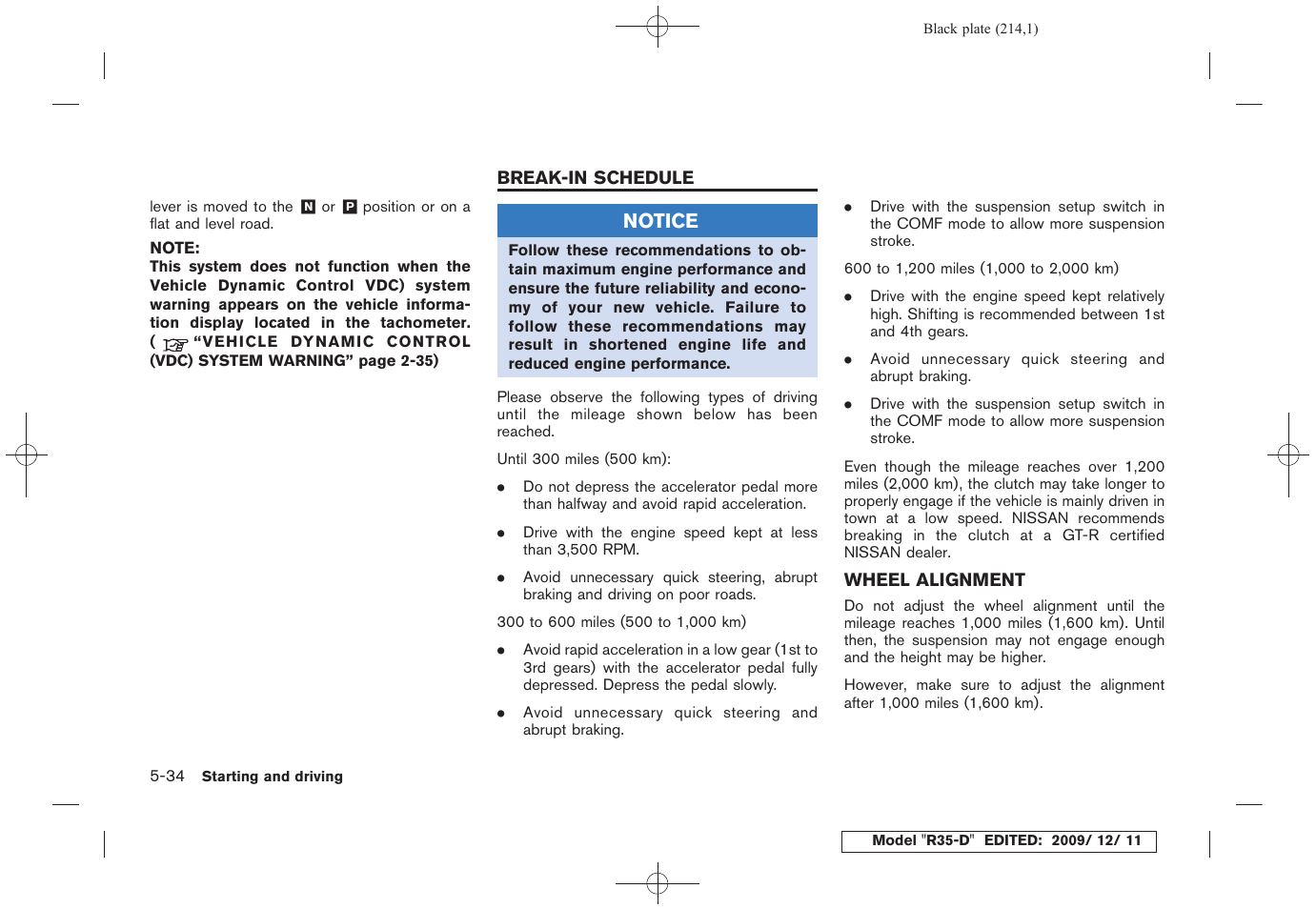 Break-in schedule -34, Wheel alignment -34 | NISSAN 2011 GT R - Owner's Manual User Manual | Page 216 / 321