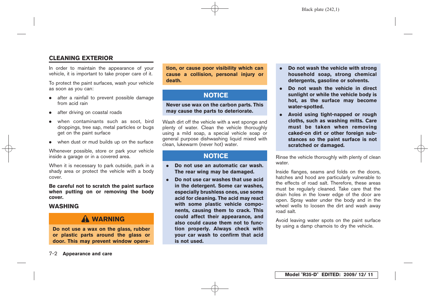 Cleaning exterior -2, Washing -2 | NISSAN 2011 GT R - Owner's Manual User Manual | Page 242 / 321