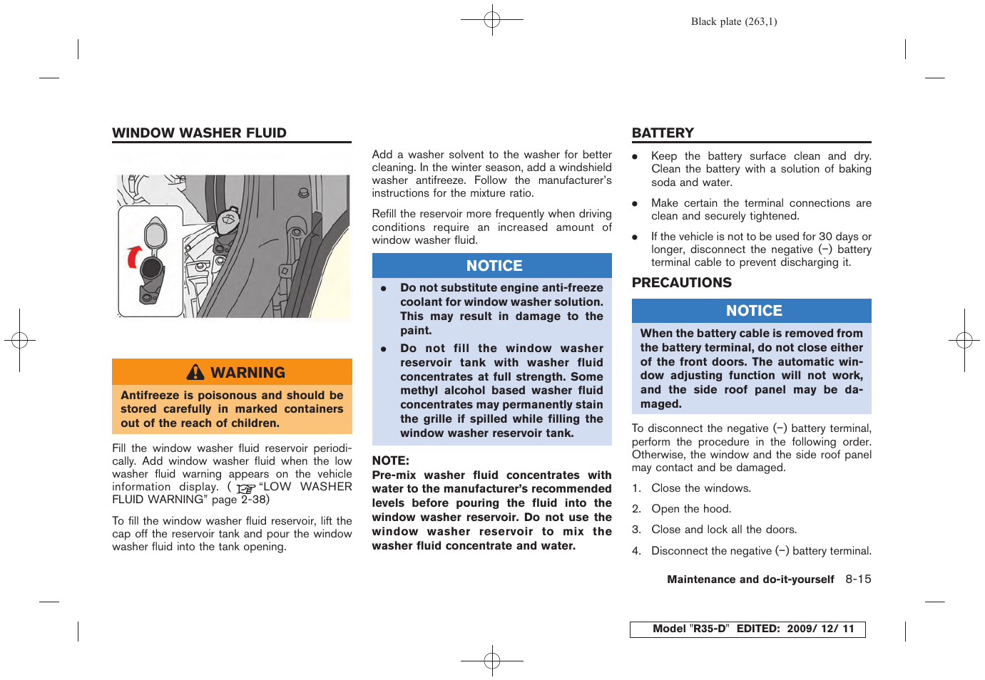 Window washer fluid -15 battery -15, Precautions -15 | NISSAN 2011 GT R - Owner's Manual User Manual | Page 263 / 321