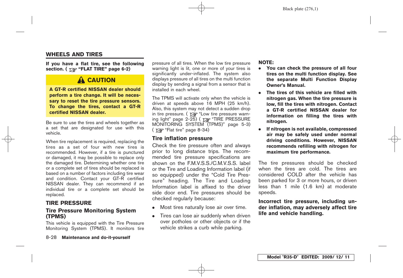 Wheels and tires -28, Tire pressure -28 | NISSAN 2011 GT R - Owner's Manual User Manual | Page 276 / 321