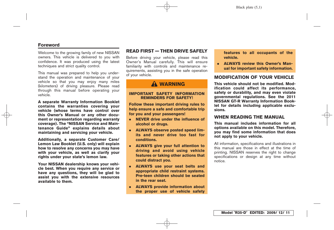 NISSAN 2011 GT R - Owner's Manual User Manual | Page 3 / 321