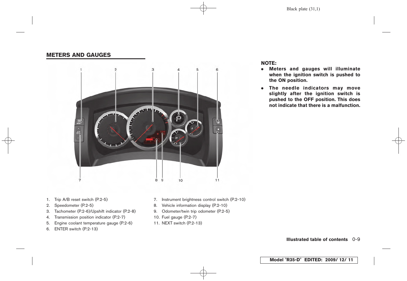 Meters and gauges -9 | NISSAN 2011 GT R - Owner's Manual User Manual | Page 37 / 321