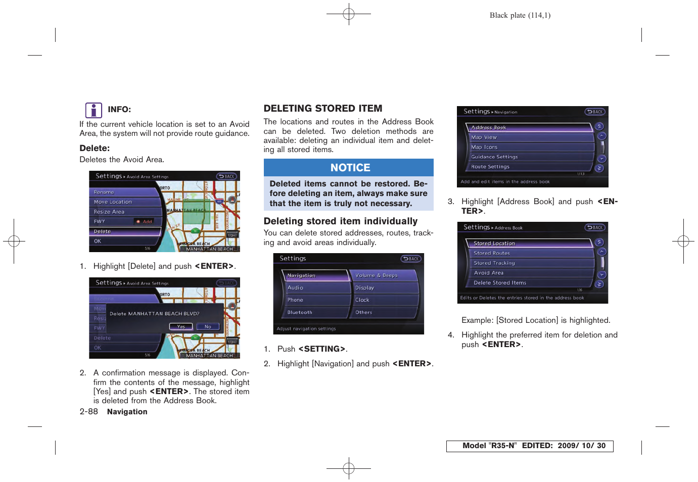 Deleting stored item -88 | NISSAN 2011 GT R - Multi Function Display Owner's Manual User Manual | Page 116 / 312