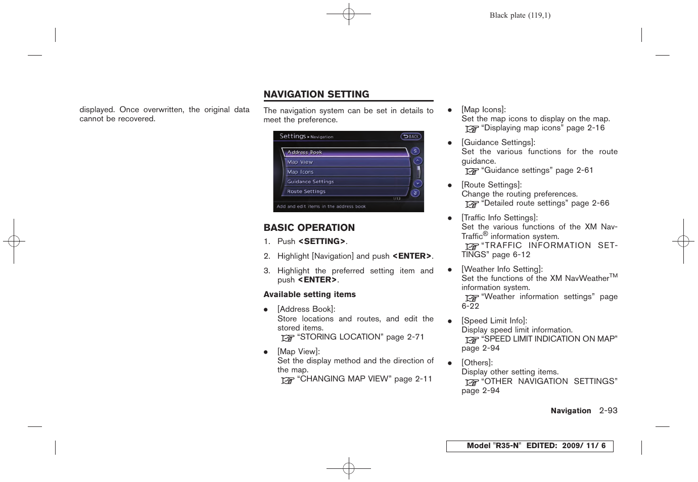 Navigation setting -93, Basic operation -93 | NISSAN 2011 GT R - Multi Function Display Owner's Manual User Manual | Page 121 / 312
