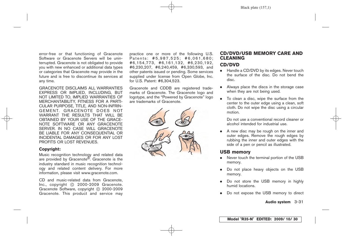 Cd/dvd/usb memory care and cleaning -31 | NISSAN 2011 GT R - Multi Function Display Owner's Manual User Manual | Page 157 / 312