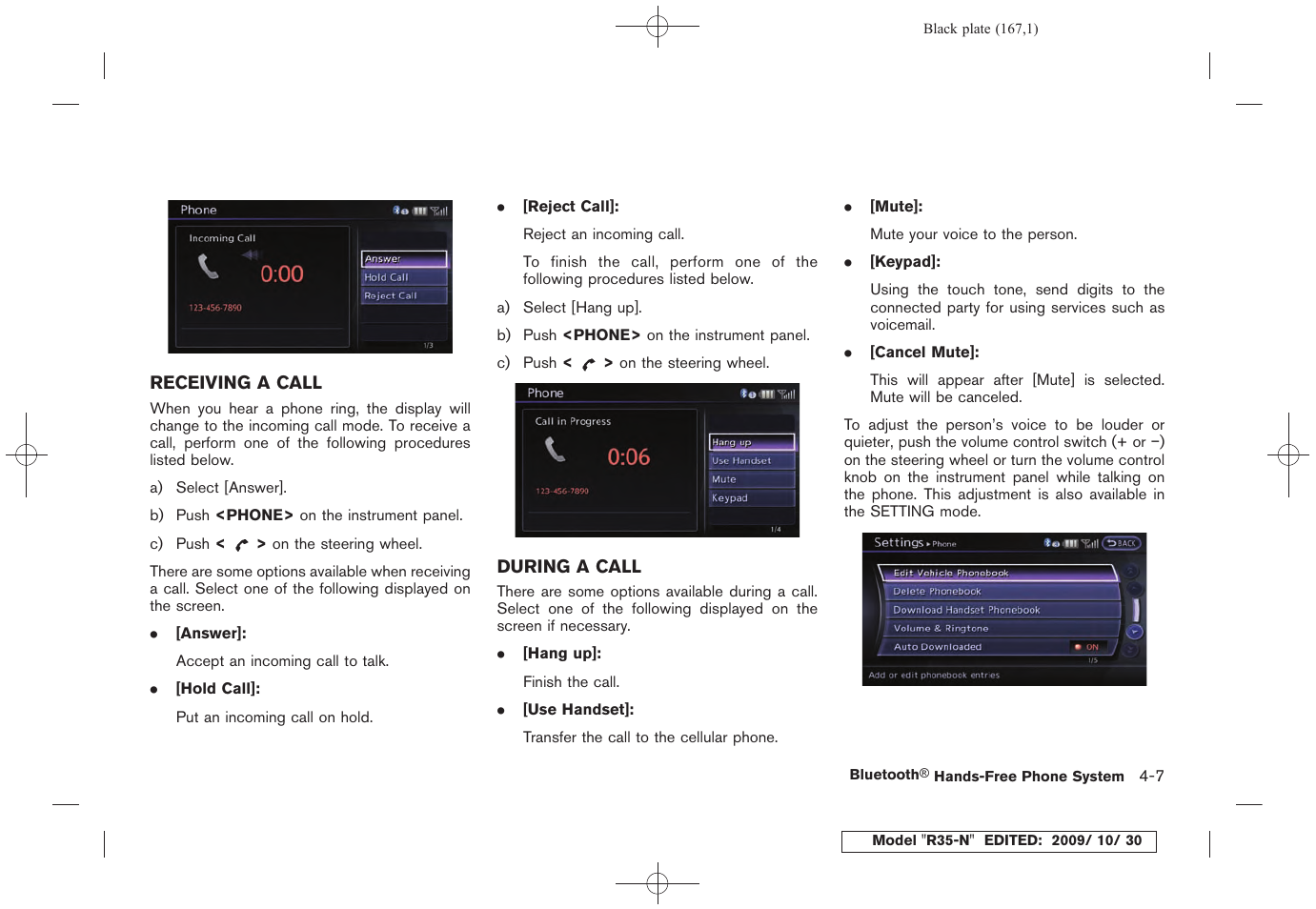 Receiving a call -7 during a call -7 | NISSAN 2011 GT R - Multi Function Display Owner's Manual User Manual | Page 165 / 312