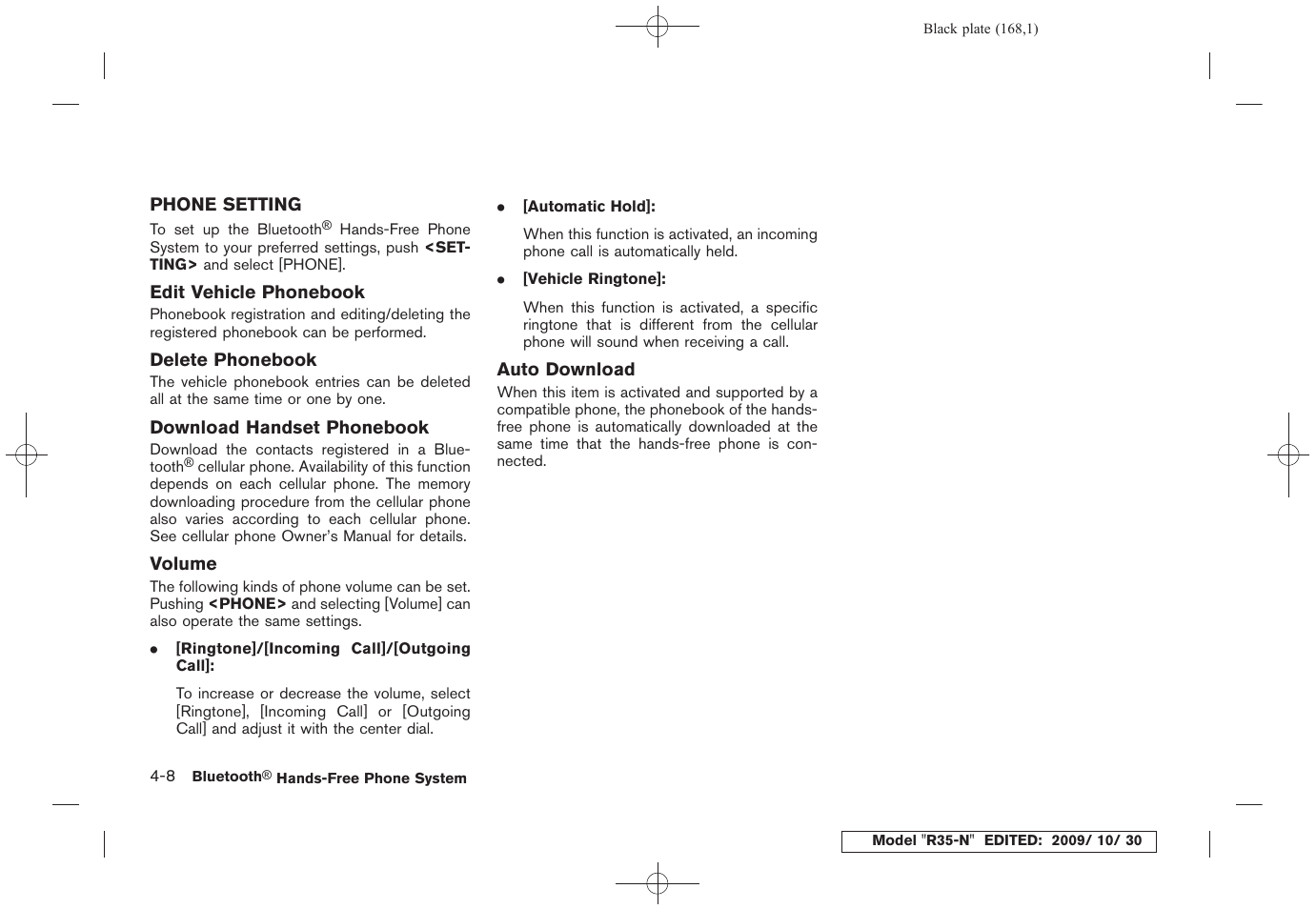 Phone setting -8 | NISSAN 2011 GT R - Multi Function Display Owner's Manual User Manual | Page 166 / 312