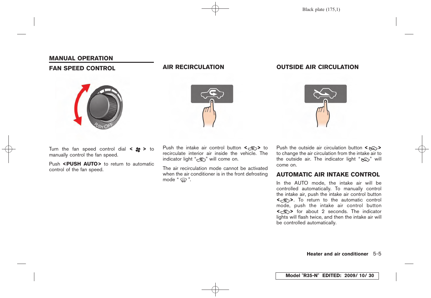 Manual operation -5, Fan speed control -5 air recirculation -5 | NISSAN 2011 GT R - Multi Function Display Owner's Manual User Manual | Page 171 / 312